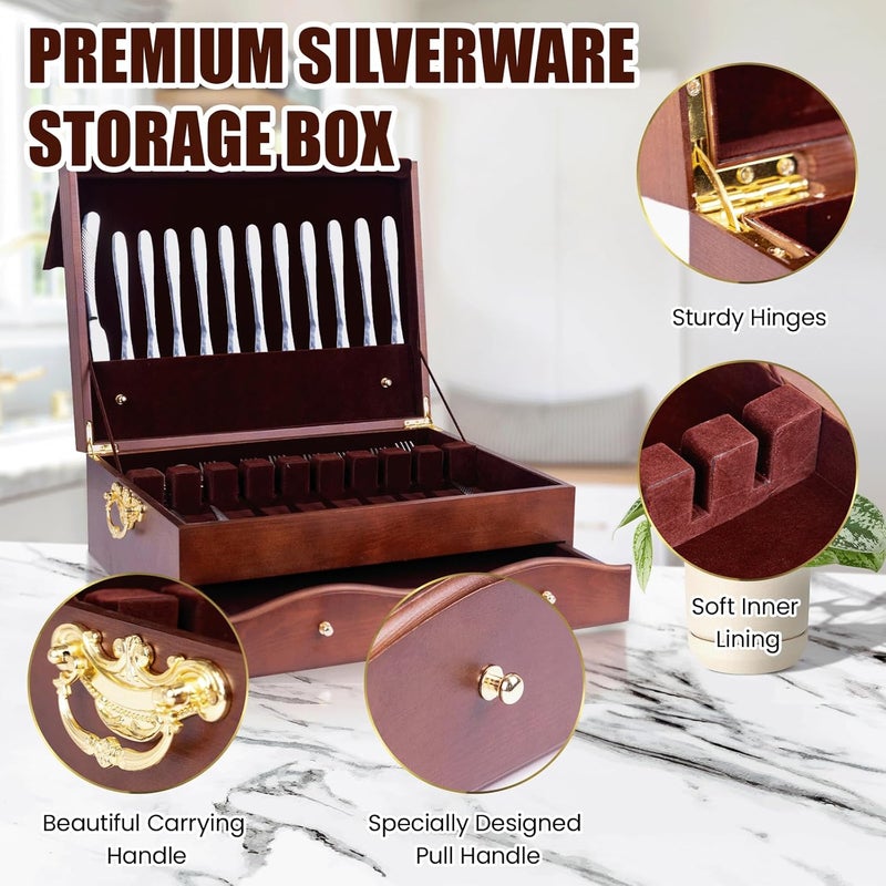 DigNew Silverware Storage Box,2 Layers Wooden Silverware Chest with Drawer,Silverware Case with Handle and Felt Lined,15.35" x 11.41" Flatware and Utensil Organizer for Kitchen,Black(Flatware Not Included) - Image 3